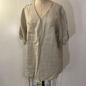 Ellen Tracy Company linen zipper down short sleeve blouse in sandstone
